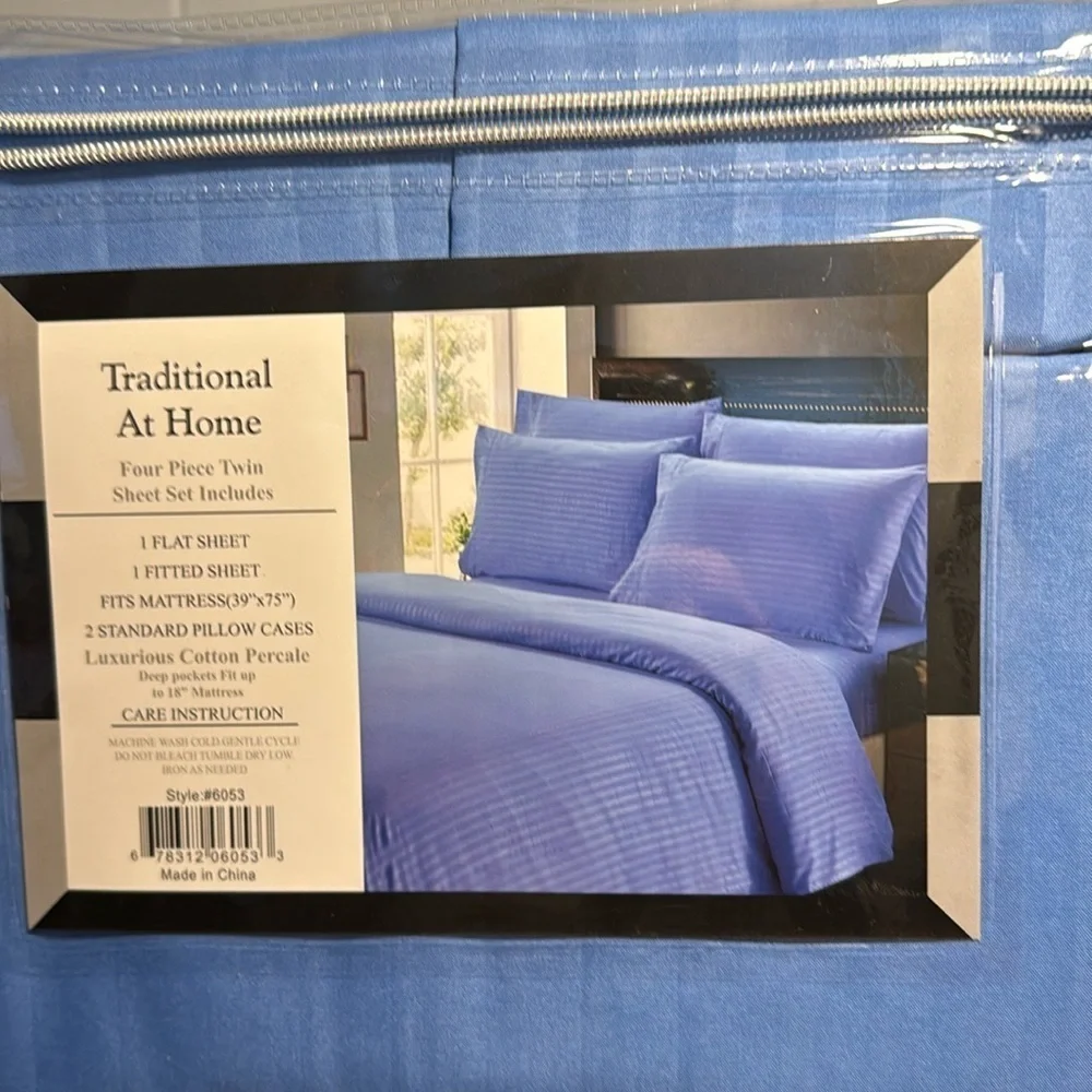 Traditional At Home 4pc Twin Sheet Set Royal Blue Stripes embossed